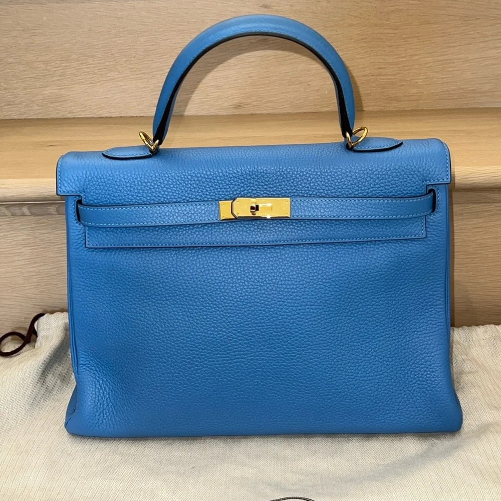 Hermès Kelly 35 Retourne Blue Paradis Clemence GHW - Picture 1 of 14